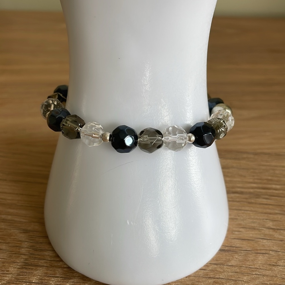 HAND CRAFTED BEADED STRETCHY BRACELET Black Gray Clear Silver Statement Jewelry